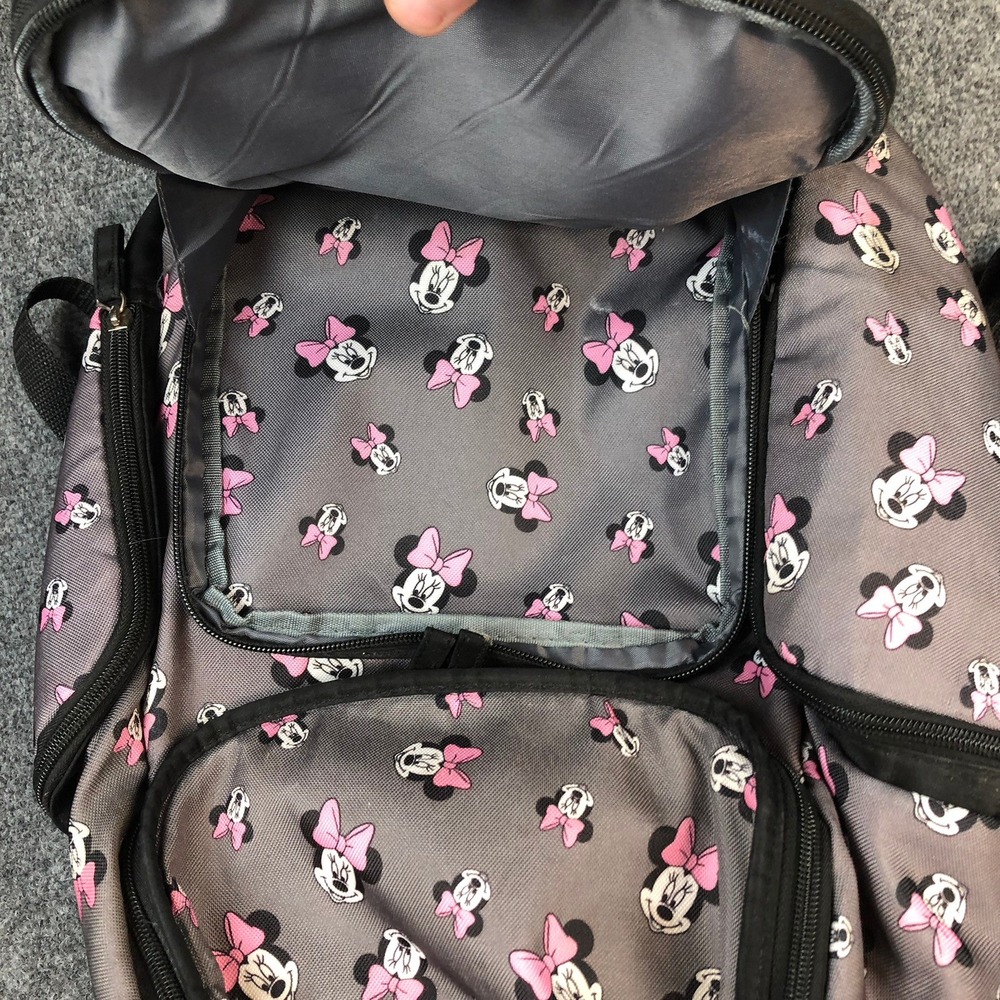 Disney Minnie Mouse Diaper Bag Backpack Grey Pink Bow Print Multi Pocket - Picture 5 of 7